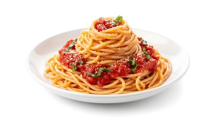 Spaghetti with tomato sauce and parmesan cheese isolated on white background