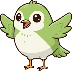 Cute green cartoon bird with open wings, adorable happy baby bird character illustration, cheerful wildlife animal vector art