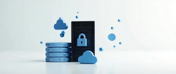 A sleek server with floating cloud icons depicts secure data storage as the camera slowly pans, illustrating cloud technology in a minimalist, cinematic style. - Powered by Adobe