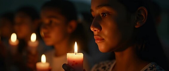 Young girl holds a glowing candle in a serene vigil, her face illuminated gently; camera slowly pans as flickering candlelight casts a warm, cinematic ambiance around the scene. - Powered by Adobe