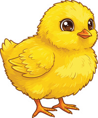 Cute fluffy yellow chick cartoon character with big eyes, adorable baby bird illustration, farm animal design for kids artwork