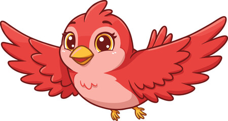 Adorable red cartoon bird flying with open wings, cute vector animal illustration, cheerful children’s art design for kids decor