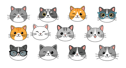 Collection of adorable cartoon cat heads showing a variety of cute expressions like winking, smiling, and wearing stylish glasses.