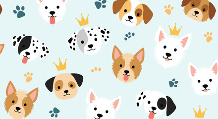 Obraz premium Adorable seamless pattern of various cartoon dog faces, including dalmatians and terriers, with crowns and paw prints on a blue background.