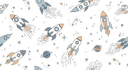 Cosmic seamless pattern of hand-drawn cartoon rockets, planets, and stars flying through space on a clean white background.