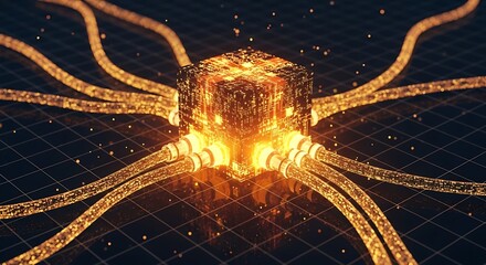 Abstract glowing cube connected by cables with data transfer network