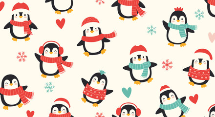 Adorable Christmas seamless pattern with cute cartoon penguins wearing colorful winter hats, scarves, and sweaters with snowflakes.