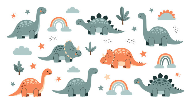 Adorable collection of cute cartoon dinosaurs in scandinavian style with rainbows, clouds, stars, and decorative foliage elements.