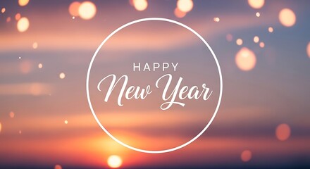 Elegant happy new year greeting card with a soft bokeh background of a sunset sky and glowing lights creating a festive and celebratory atmosphere for the holiday season