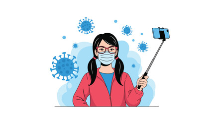Fototapeta premium Young woman with glasses and a protective face mask takes a selfie on her phone while surrounded by illustrated virus molecules.