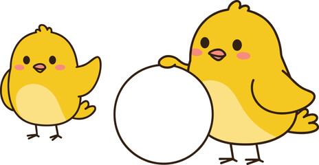 Two cute yellow cartoon chicks holding blank circle, adorable baby birds illustration, cheerful animal design for kids and decoration