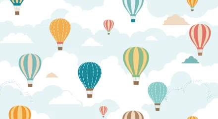 Fotobehang Luchtballon Whimsical seamless pattern of colorful hot air balloons from a vintage era floating peacefully among clouds in a pale blue sky.  © Lily