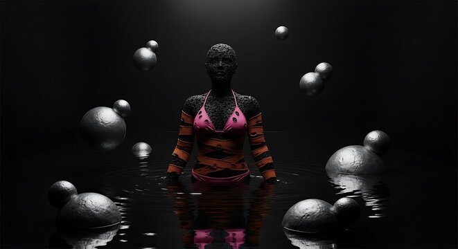 Figure in abstract dark water