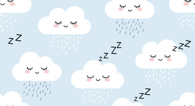 Adorable seamless nursery pattern of cute, sleeping cartoon clouds raining on a soft light blue background with floating Z's.