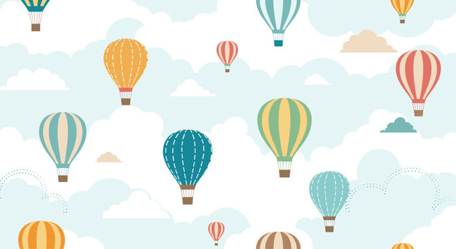 Whimsical seamless pattern of colorful hot air balloons from a vintage era floating peacefully among clouds in a pale blue sky.