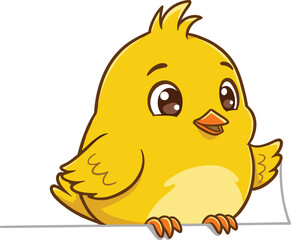 Cute yellow cartoon chick sitting on edge, adorable baby bird illustration, cheerful and happy character design for kids and decoration