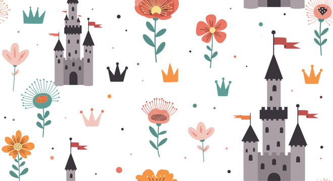 Magical seamless pattern with fairytale castles, vibrant flowers, and royal crowns on a dotted white background. This design is perfect for kids' wallpaper or fabric. - Powered by Adobe