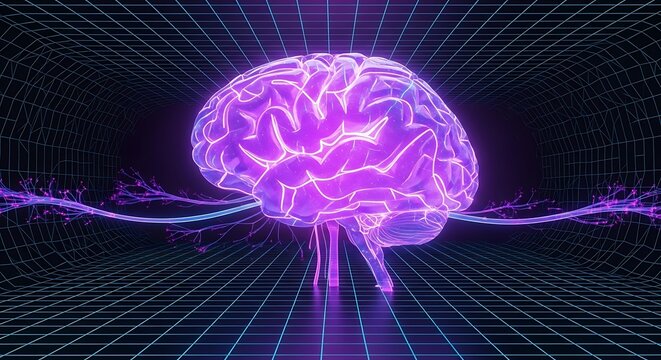 Brain in digital grid with neural network connections