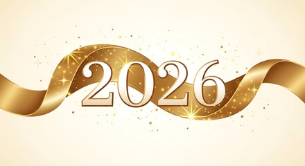 Elegant golden ribbon with sparkling confetti and the year 2026 prominently displayed symbolizing celebration new beginnings and festive occasions