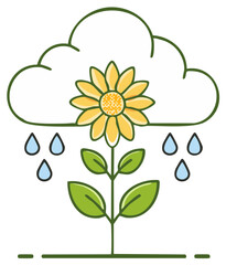 Fototapeta premium Sunflower growing under cloud with raindrops, illustration of rain and flowers