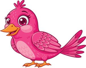 Cute pink cartoon bird standing with open wings, adorable animal mascot illustration, funny children character design isolated on white background
