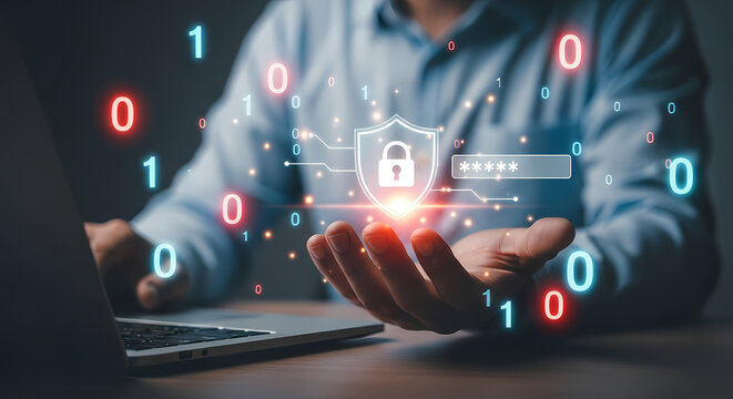 A person's hand holds a digital shield with a lock, a password field, and binary code, representing cybersecurity and data protection.