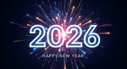 Vibrant 2026 happy new year celebration with glowing neon numbers and a dazzling explosion of colorful fireworks and light streaks against a dark background