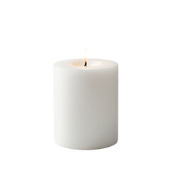 Lit white candle with visible flame on a pure black background