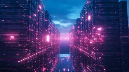 Futuristic city street with glowing digital data streams - Powered by Adobe