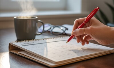Hand writing on a calendar, a mug of coffee, and glasses