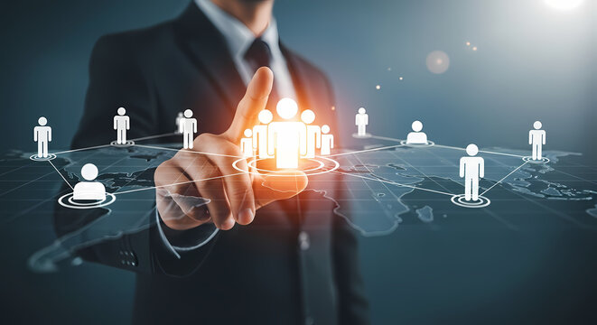 A businessman touches a digital human network, symbolizing global business connections and teamwork with modern technology and innovation.