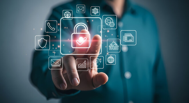 A person's finger interacts with a digital padlock icon, symbolizing online security and data protection in a modern technological environment.