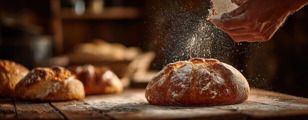 The Loaf Receiving a Dusting of Flour in a Rustic Artisan Bakery