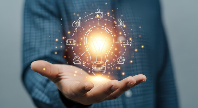 A person's hand holds a glowing light bulb with digital icons, symbolizing innovation, ideas, and technological advancement in business and creativity.