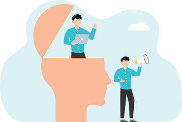 Curiosity concept. man opens idea in head using binoculars

