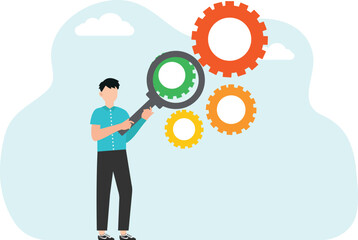 Analyze and find business flaws. Businessman using a magnifying glass to look at the gears
