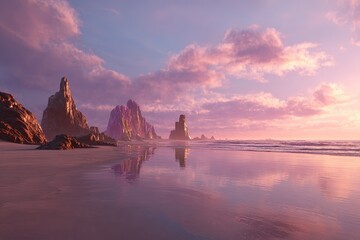 Pink Sunset Beach Landscape With Rocks And Reflections
