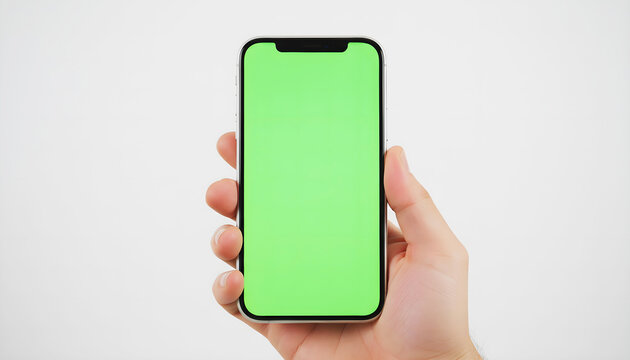 Hand holding smartphone with vivid green screen on a clean white background. High-quality mobile mockup perfect for app UI design, digital advertising, product display, and chroma key editing. - Powered by Adobe