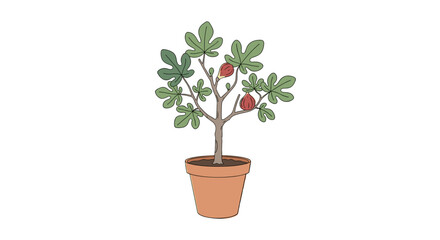 Potted fig tree with leaves and ripe fruit on a white background  