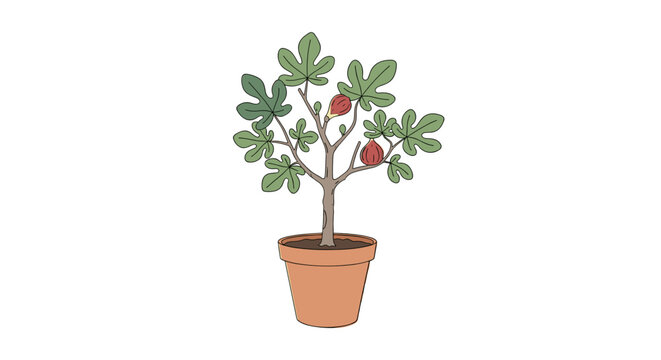 Potted fig tree with leaves and ripe fruit on a white background  