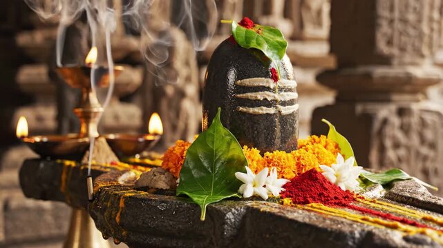 Sacred Arudra Darshan Shiva Lingam Adorned with Flowers, Leaves, and Offerings during the Holy Festival