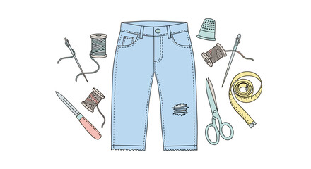 Repair tools and torn jeans in illustration style with pastel colors  