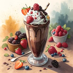 Chocolate Milkshake Topped with Fruits and Whipped Cream