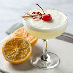 Vintage Pisco Sour Cocktail in Crystal Coupe Glass