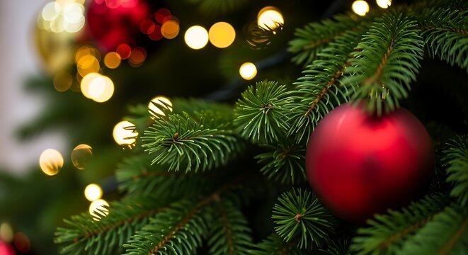 Close up of a decorated christmas tree with a red bauble and warm glowing lights creating a festive and cozy holiday atmosphere perfect for seasonal celebrations