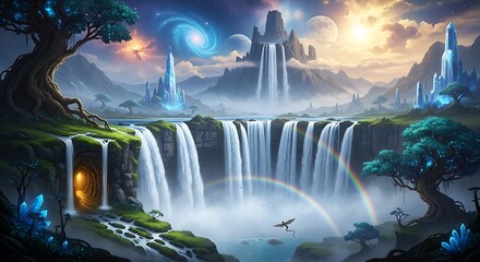 Ethereal Waterfall Landscape with Celestial Elements and Lush Vegetation.