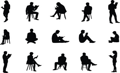 Reading silhouette, seated pose, standing figure, black graphic, vector illustration, book posture, handheld device, concentration, gesture, study, interactionReading silhouette