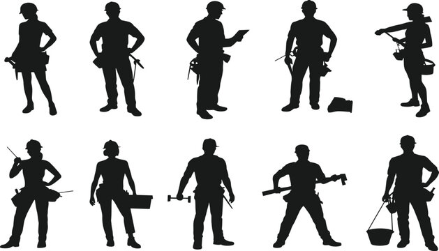 Construction worker silhouette, manual labor, black graphic, vector illustration, tool usage, posture gesture, building activity, trades icon, job site, equipmentConstruction worker silhouette, 