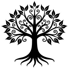Obraz premium Silhouette of a decorative tree with leaves and roots on transparent background