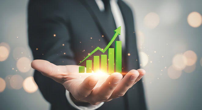 A businessman's hand holds a glowing green growth chart, symbolizing financial success, investment, and economic progress against a soft bokeh background.